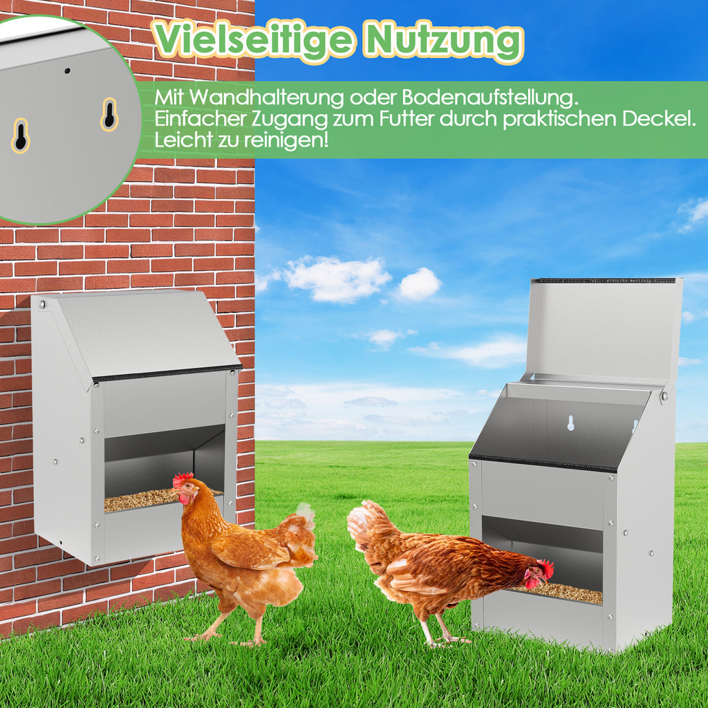 Verzinkter Stahl-Hühnerfuttertrog mit Deckel und Wandhalterung, geeignet als Futtertrog für Hühner, Enten und anderes Geflügel, inklusive Handschuhen, Futterschaufel und Pickschutzleiste