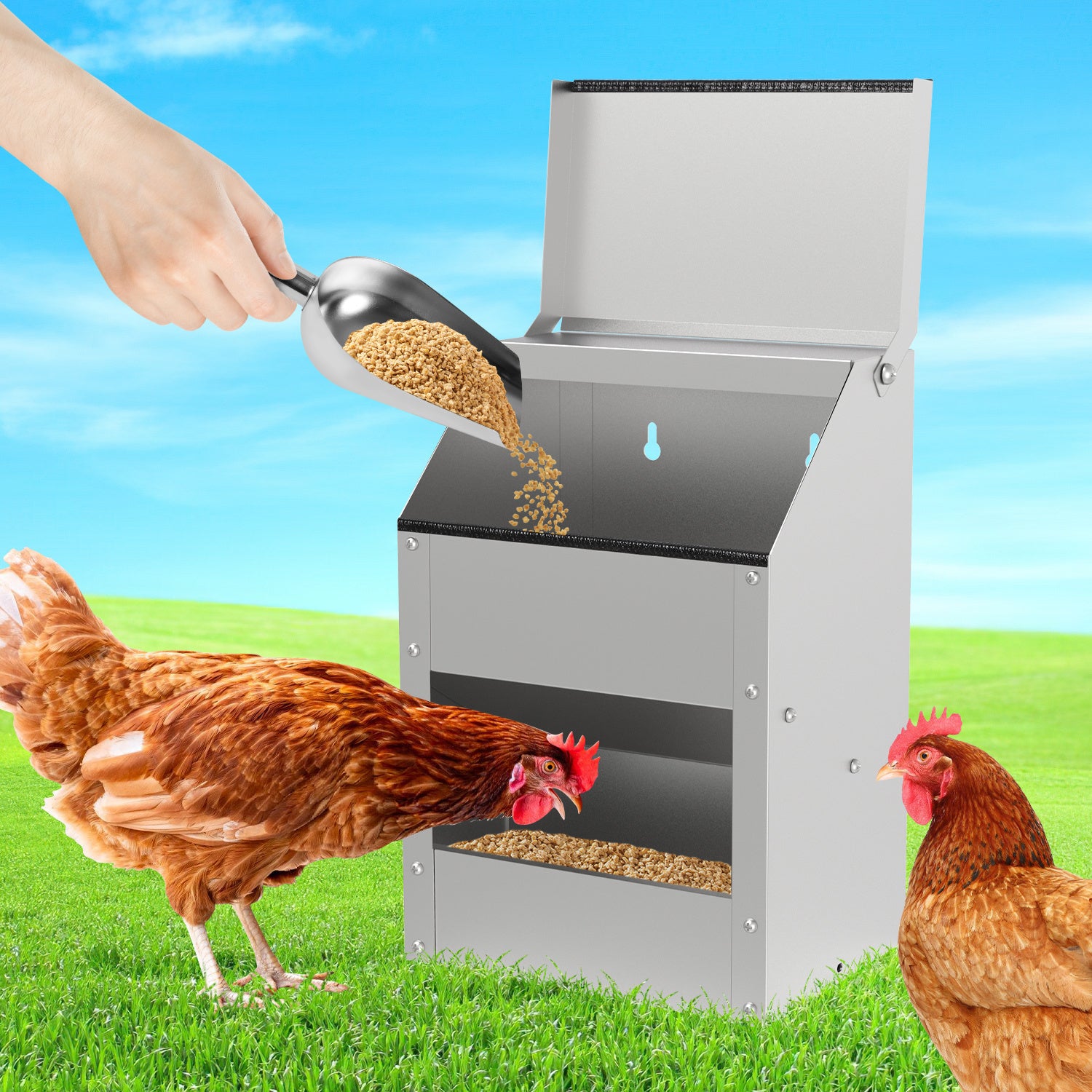 Verzinkter Stahl-Hühnerfuttertrog mit Deckel und Wandhalterung, geeignet als Futtertrog für Hühner, Enten und anderes Geflügel, inklusive Handschuhen, Futterschaufel und Pickschutzleiste