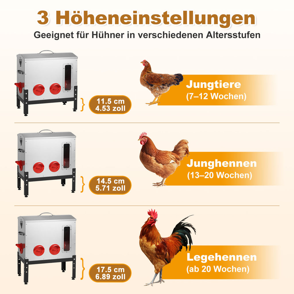 Automatischer Hühnerfutterbehälter mit 18 kg Fassungsvermögen, 6 Futterauslässen, aus verzinktem Metall