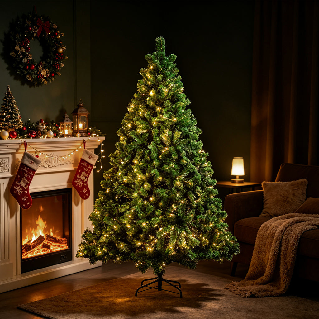 Künstlicher Weihnachtsbaum, 120–210 cm, mit Metallfuß und Lichterkette, 8 verschiedene Beleuchtungsmodi, hochwertiger künstlicher Weihnachtsbaum, für den Innen- und Außenbereich geeignet