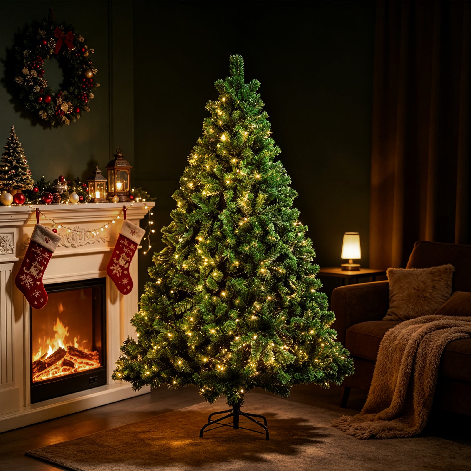 Künstlicher Weihnachtsbaum, 120–210 cm, mit Metallfuß und Lichterkette, 8 verschiedene Beleuchtungsmodi, hochwertiger künstlicher Weihnachtsbaum, für den Innen- und Außenbereich geeignet