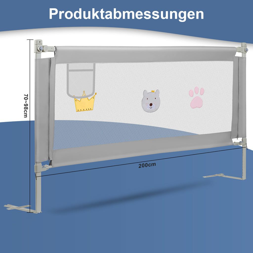 150/180/200 cm, zusammenklappbares Kinderbettgitter, höhenverstellbar von 70 bis 98 cm, Absturzsicherung, einfache Montage, graue Steppoptik