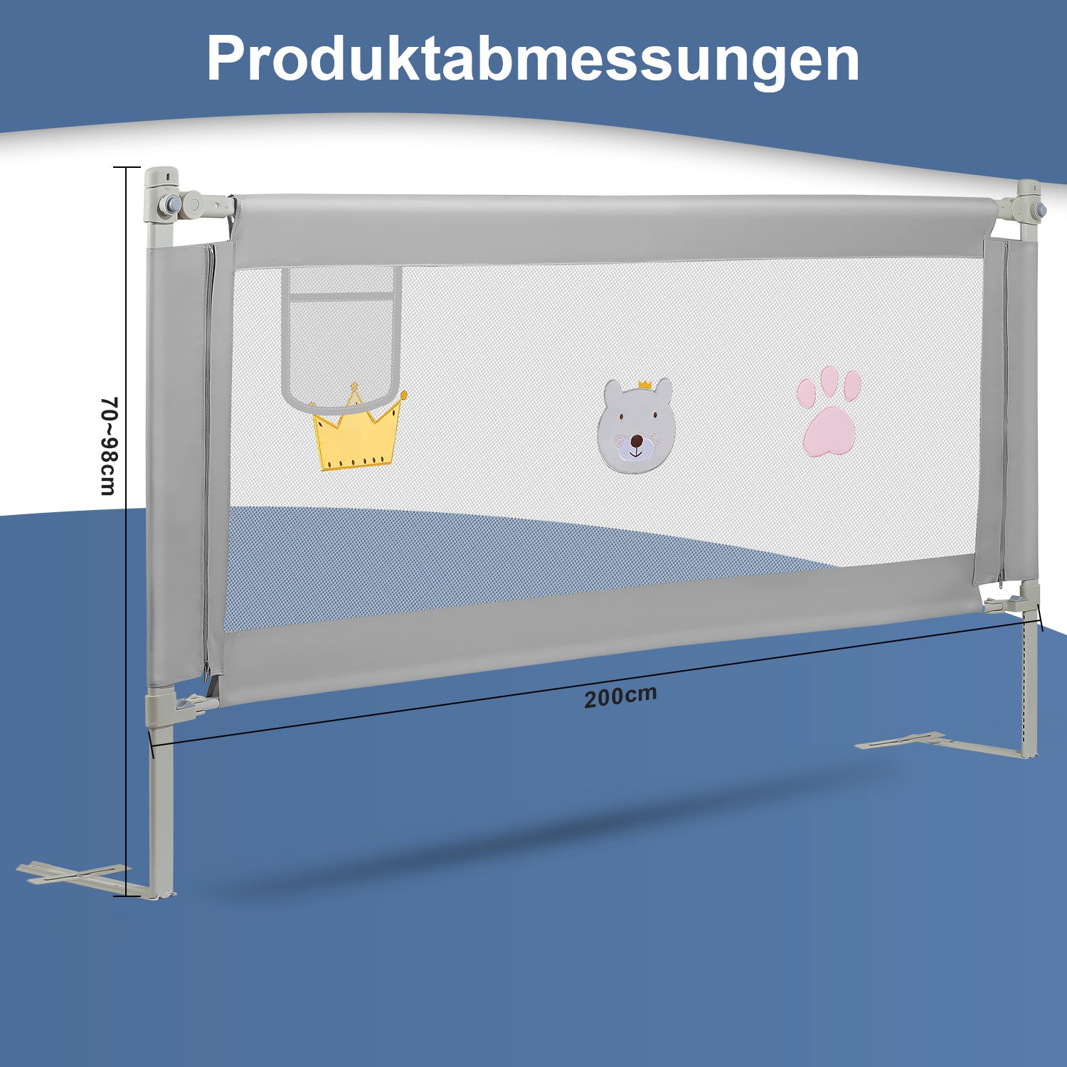 150/180/200 cm, zusammenklappbares Kinderbettgitter, höhenverstellbar von 70 bis 98 cm, Absturzsicherung, einfache Montage, graue Steppoptik