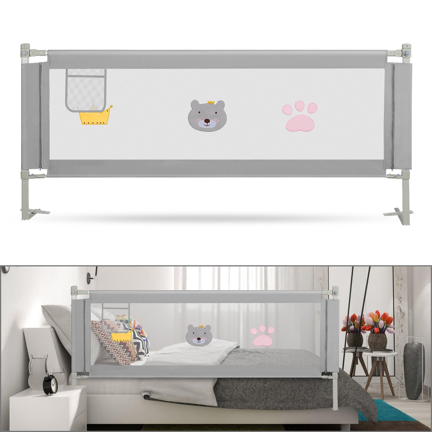 150/180/200 cm, zusammenklappbares Kinderbettgitter, höhenverstellbar von 70 bis 98 cm, Absturzsicherung, einfache Montage, graue Steppoptik