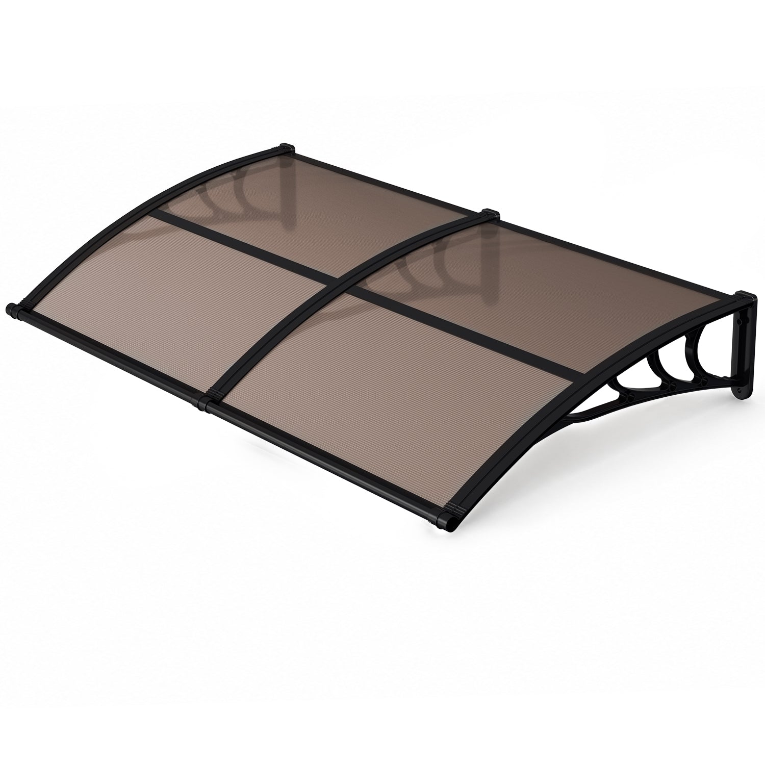Vordach für Außentüren, halbtransparente, braune PC-Platten + schwarze Verstärkungsstreben, vergrößerte Regenrinne, einseitig geneigtes, gewölbtes Vordach, schützt vor Sonne und Regen, vier Größen: 120 cm / 150 cm / 200 cm / 300 cm