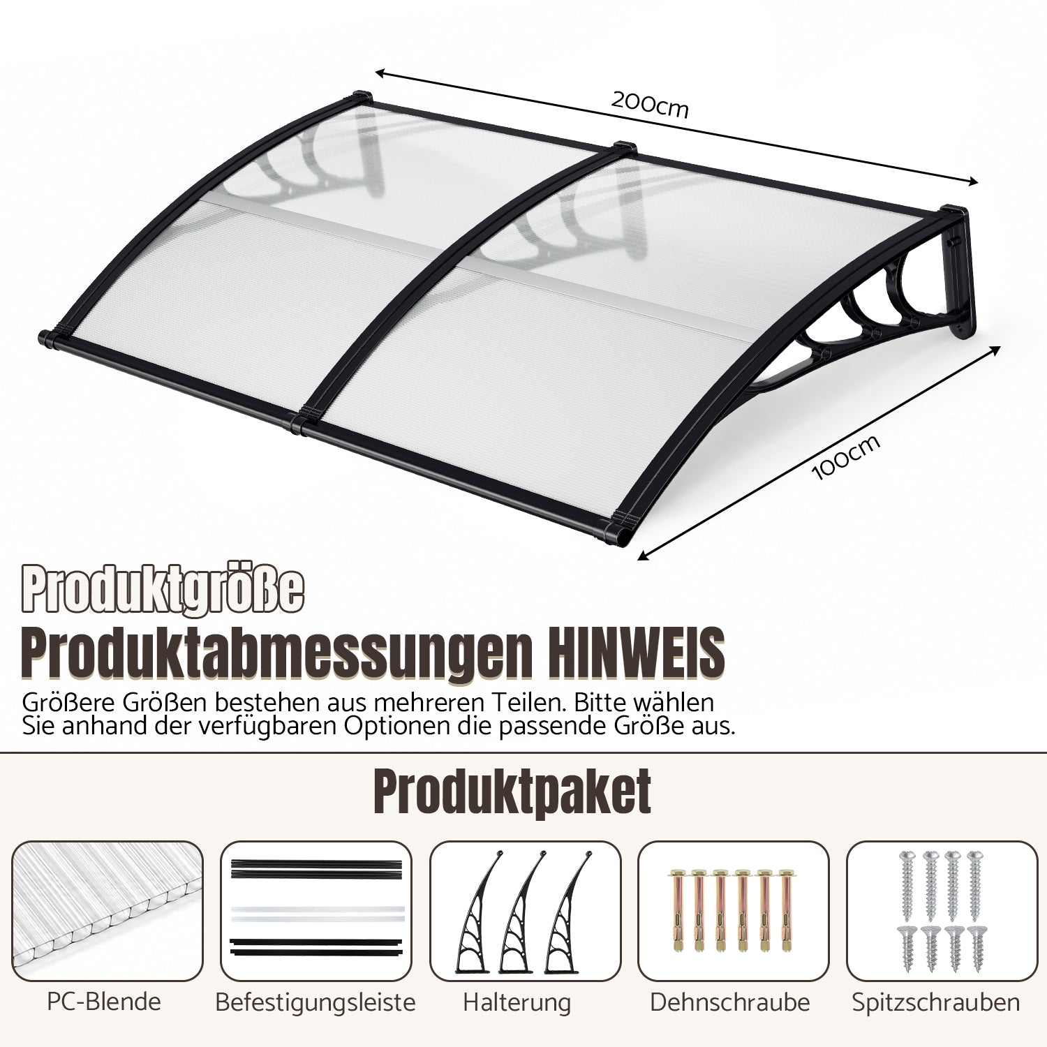 Vordach für Außentüren, mit vergrößerter Regenrinne, einseitig geneigtes, gewölbtes Vordach, schützt vor Sonne und Regen, vier Größen: 120 cm / 150 cm / 200 cm / 300 cm
