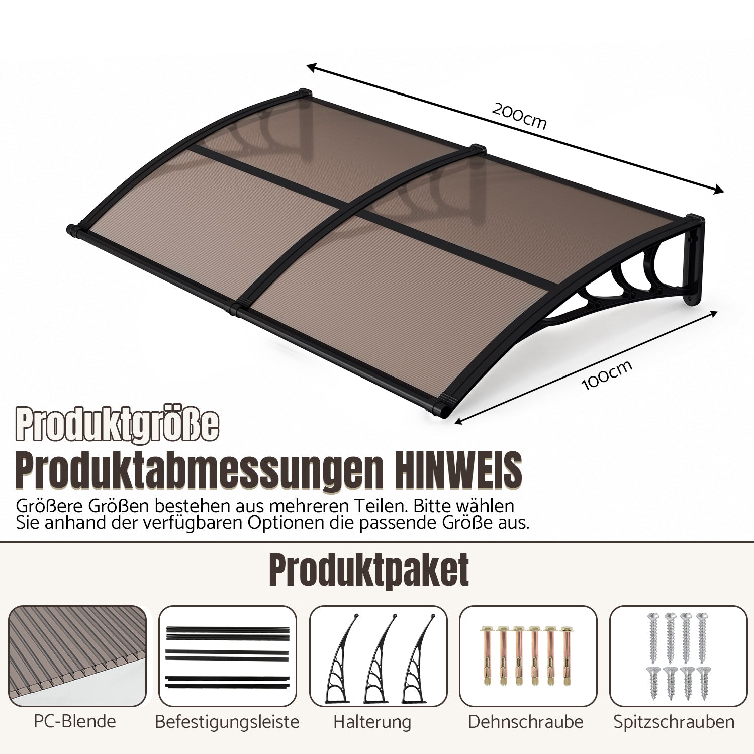 Vordach für Außentüren, halbtransparente, braune PC-Platten + schwarze Verstärkungsstreben, vergrößerte Regenrinne, einseitig geneigtes, gewölbtes Vordach, schützt vor Sonne und Regen, vier Größen: 120 cm / 150 cm / 200 cm / 300 cm