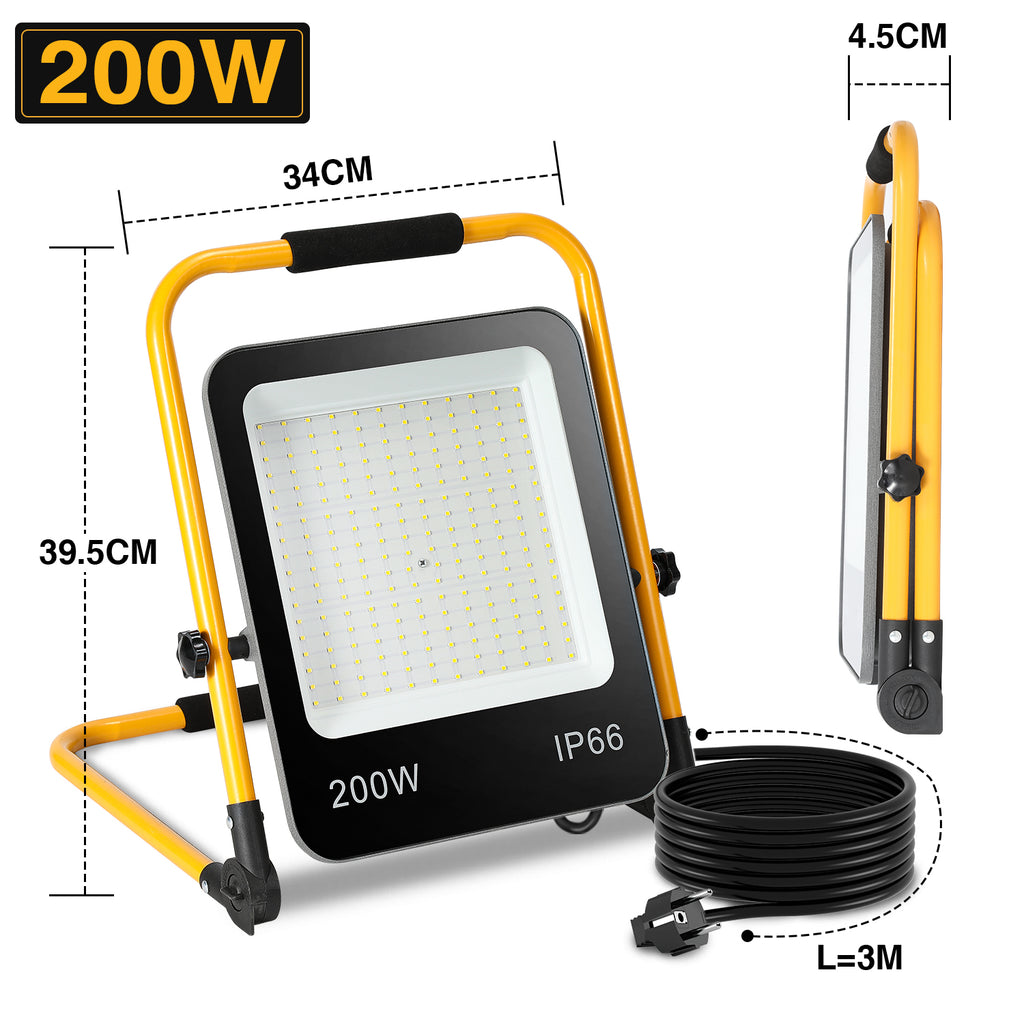 LED-Baustrahler, 50 W/100 W/150 W/200 W Arbeitsleuchten, tragbare LED-Arbeitsleuchten, Baustrahler mit kaltweißem Licht, Schutzklasse IP66, mit 3 Meter langem Kabel und klappbarem Stativ, geeignet für Baustellen (mit Stecker)
