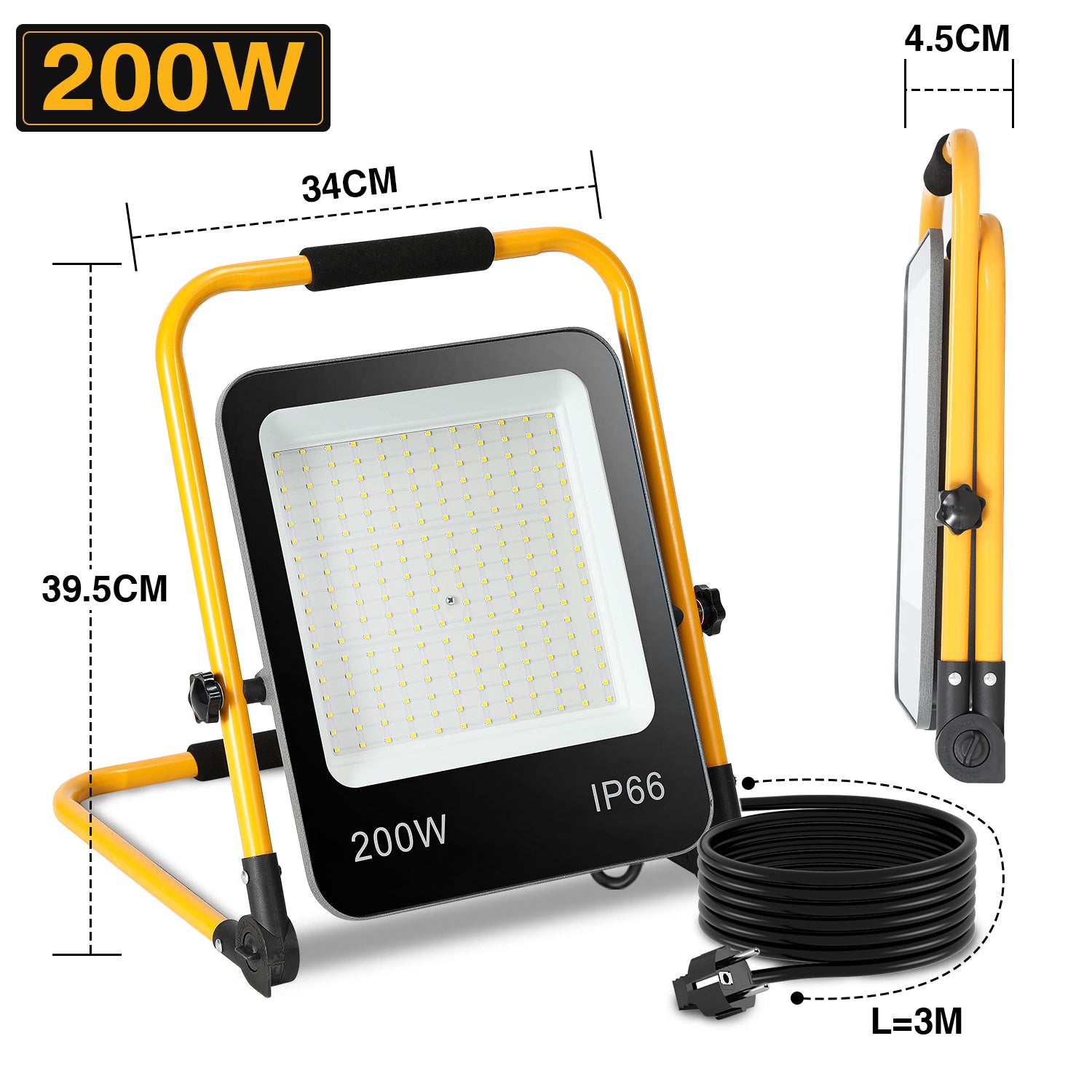 LED-Baustrahler, 50 W/100 W/150 W/200 W Arbeitsleuchten, tragbare LED-Arbeitsleuchten, Baustrahler mit kaltweißem Licht, Schutzklasse IP66, mit 3 Meter langem Kabel und klappbarem Stativ, geeignet für Baustellen (mit Stecker)