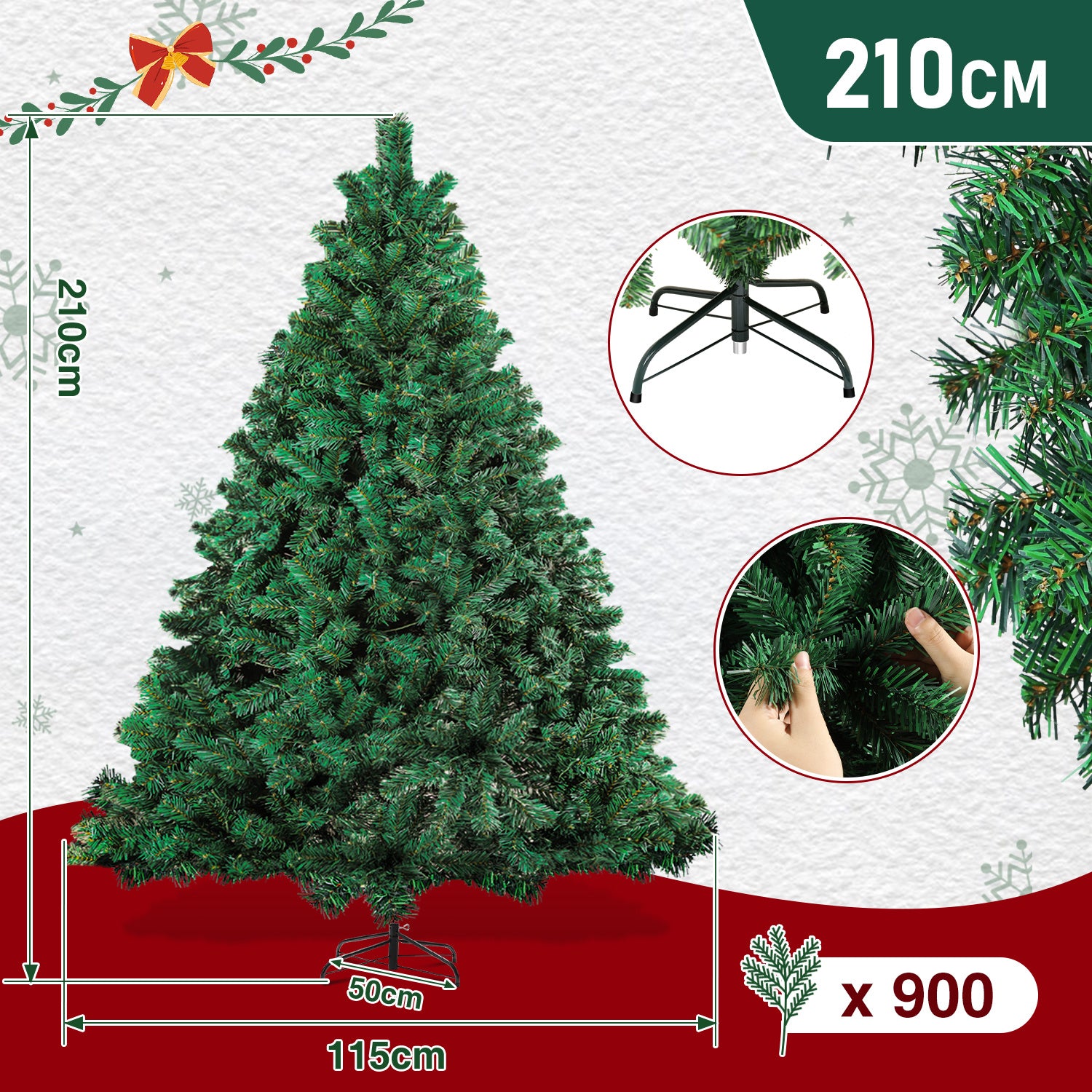 120–210 cm großer künstlicher Weihnachtsbaum aus Kunststoff, künstlicher Weihnachtsbaum, mit 16 cm langen Zweigen, schnell aufzubauen, zusammenklappbar, flammhemmend, inklusive Ständer aus Kunststoff/Metall, weiß/grün