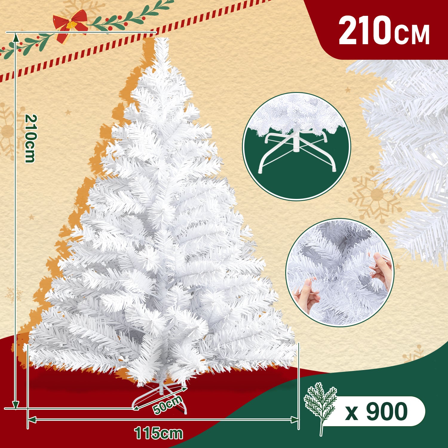 120–210 cm großer künstlicher Weihnachtsbaum aus Kunststoff, künstlicher Weihnachtsbaum, mit 16 cm langen Zweigen, schnell aufzubauen, zusammenklappbar, flammhemmend, inklusive Ständer aus Kunststoff/Metall, weiß/grün