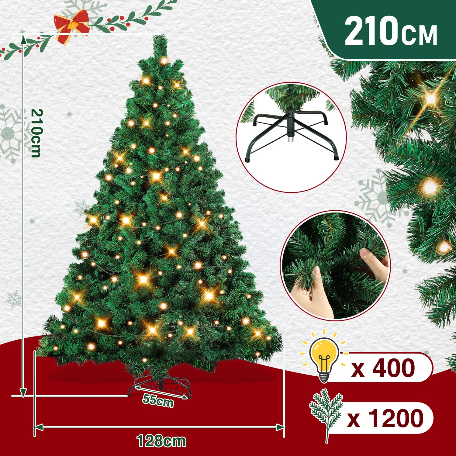 Künstlicher Weihnachtsbaum, 120–210 cm, mit Metallfuß und Lichterkette, 8 verschiedene Beleuchtungsmodi, hochwertiger künstlicher Weihnachtsbaum, für den Innen- und Außenbereich geeignet