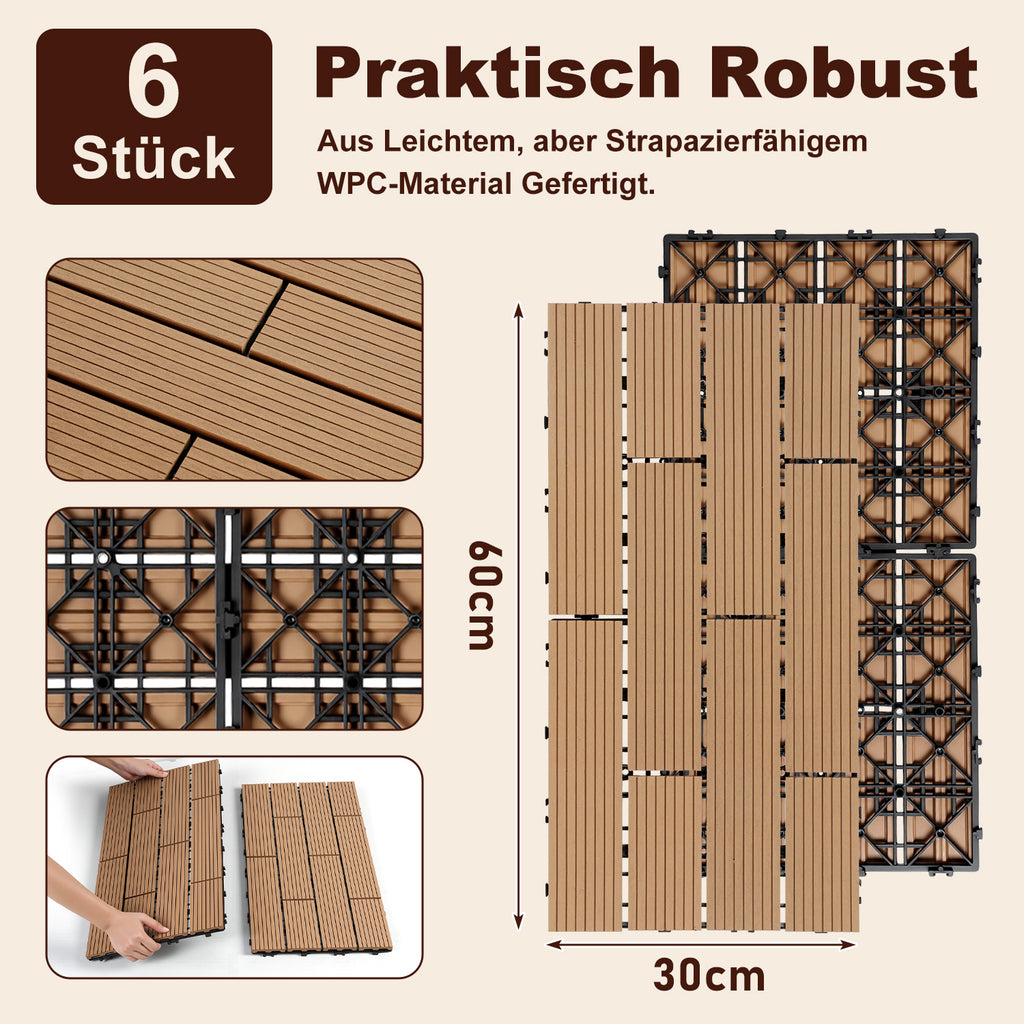 30 x 60 cm WPC-Terrassenfliesen , Klick-Verlegesystem, Teakholzfarben/Rotbraun/Dunkelgrau, 1–5 m² | WPC-Fliesen, Balkonfliesen, witterungsbeständige Platten mit Entwässerungsfunktion, einfache Verlegung, geeignet für Terrassen, Balkone und Gärten