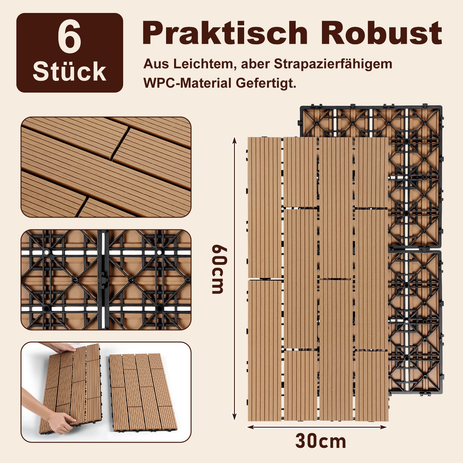 30 x 60 cm WPC-Terrassenfliesen , Klick-Verlegesystem, Teakholzfarben/Rotbraun/Dunkelgrau, 1–5 m² | WPC-Fliesen, Balkonfliesen, witterungsbeständige Platten mit Entwässerungsfunktion, einfache Verlegung, geeignet für Terrassen, Balkone und Gärten