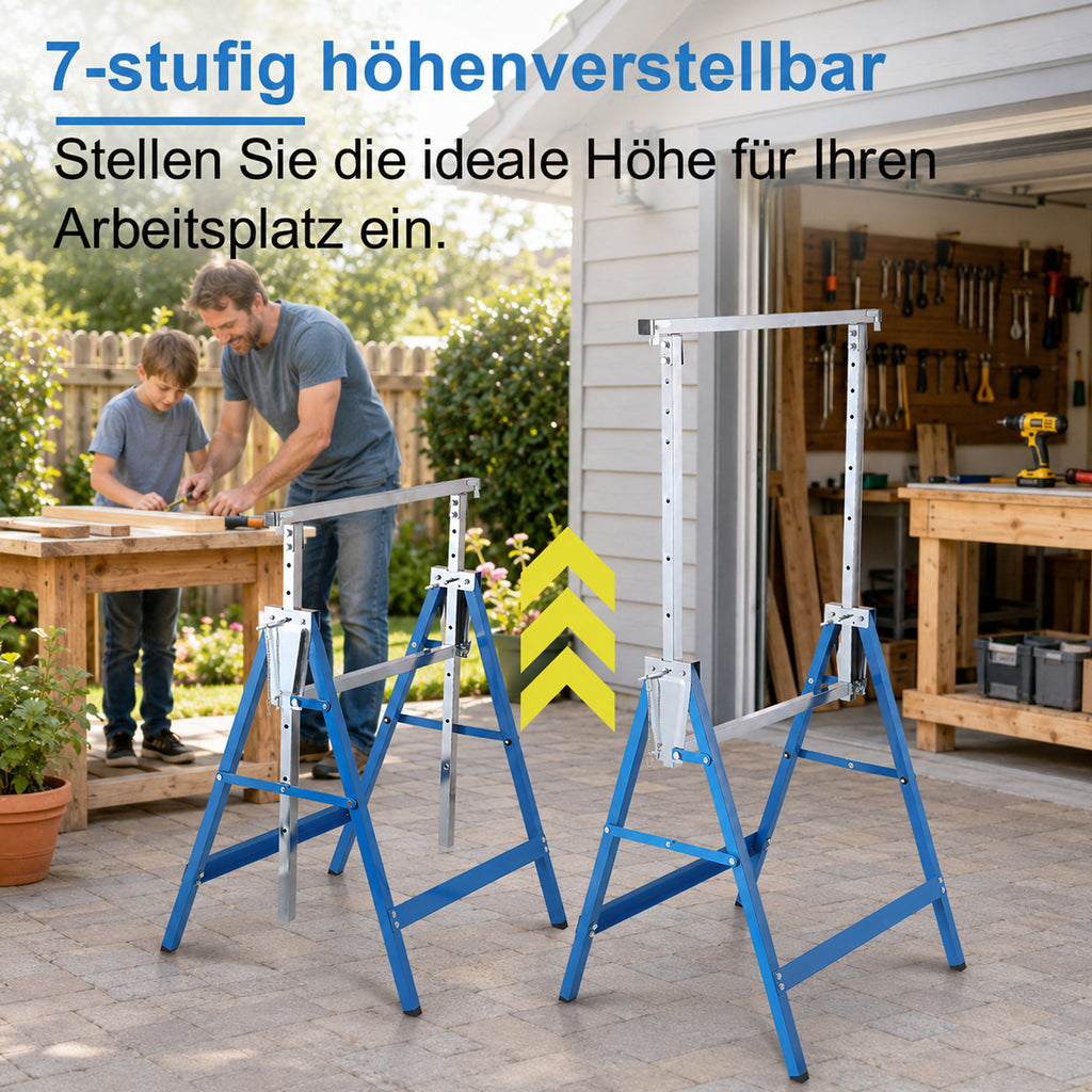 Arbeitsständer, 2er-Set, höhenverstellbar, 7 Stufen (80–130 cm), Gerüstständer, Tragkraft 400 kg pro Paar, klappbare Ständer für Haushalt, Werkstatt und Garten, blau