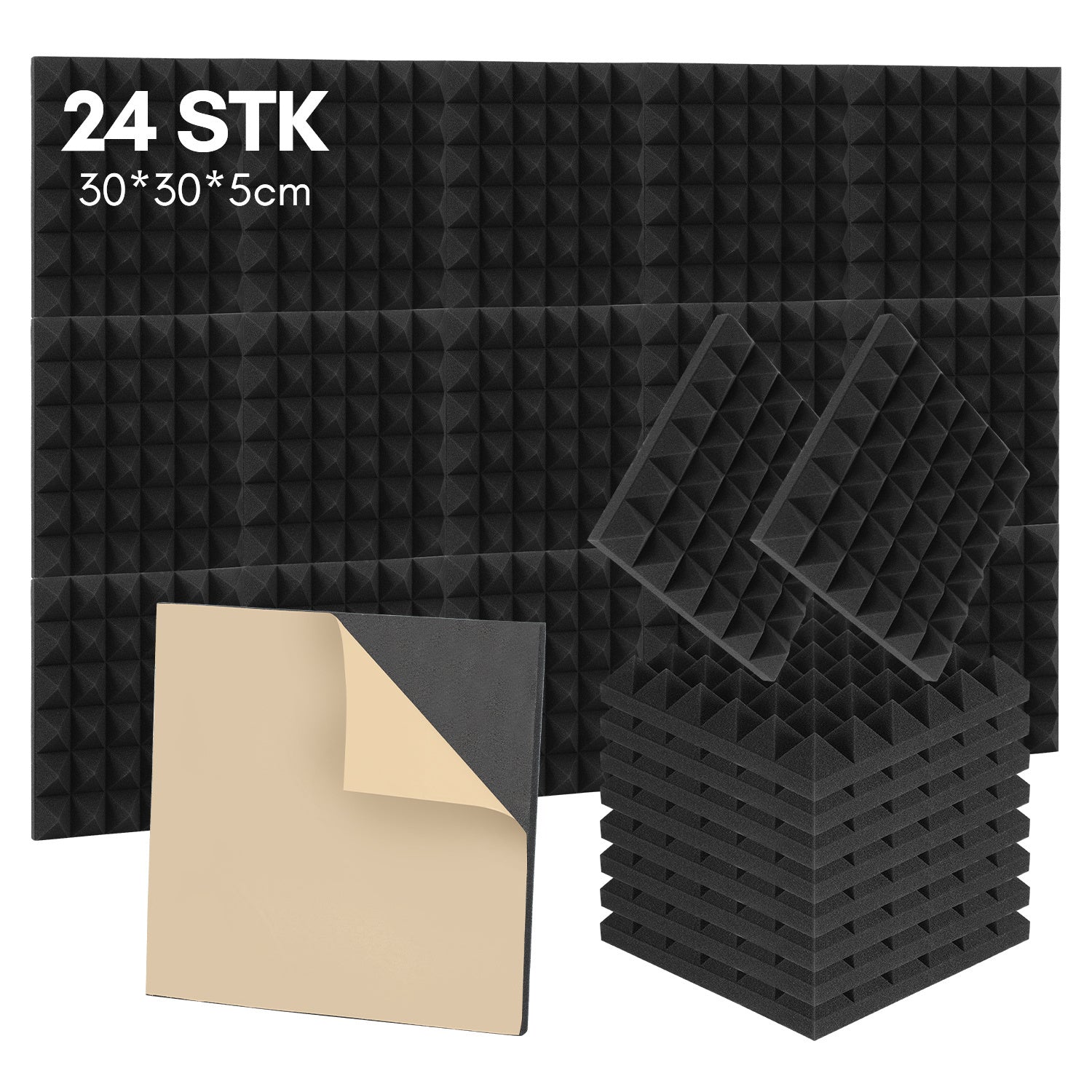 Set aus selbstklebenden Schallabsorptionsplatten aus Schaumstoff, geeignet für professionelle Aufnahmestudios und Wohnräume, Maße 30 x 30 x 2,5 cm, Pyramide