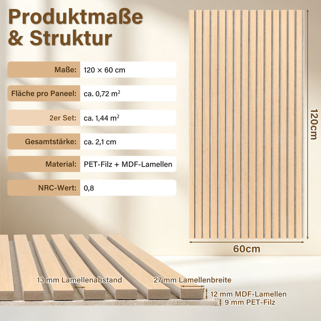 Holz-Akustikplatte 120 x 60 cm, Eiche/Beige | Holz-Akustikplatte mit einer Stärke von 21 mm, bestehend aus MDF-Leisten und 9 mm starkem PET-Filz, geeignet für helle Wohnzimmer, Büros und zur Wandgestaltung in Innenräumen