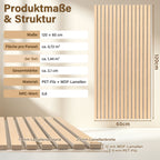 Holz-Akustikplatte 120 x 60 cm, Eiche/Beige | Holz-Akustikplatte mit einer Stärke von 21 mm, bestehend aus MDF-Leisten und 9 mm starkem PET-Filz, geeignet für helle Wohnzimmer, Büros und zur Wandgestaltung in Innenräumen