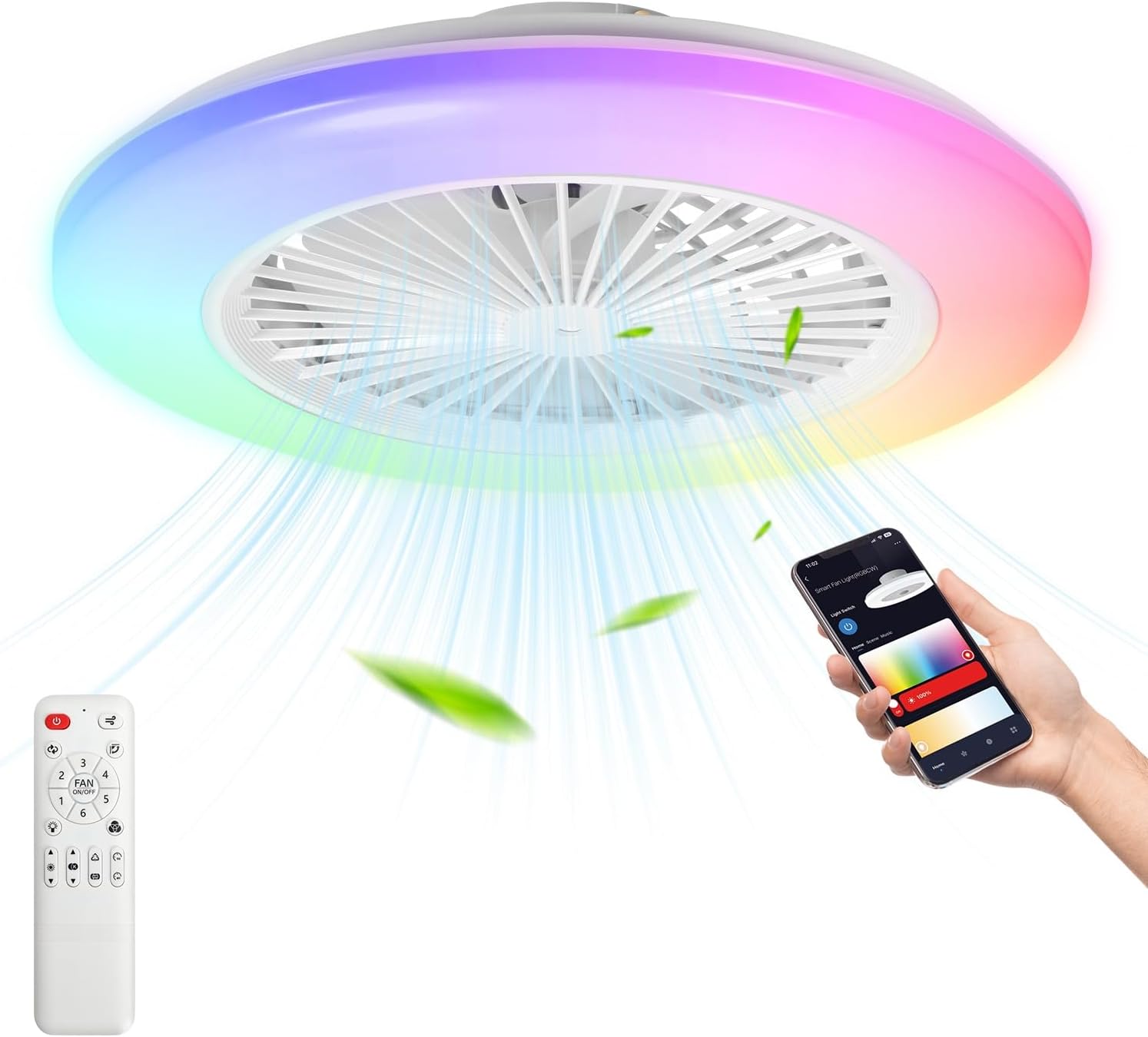 Deckenventilator Mit Beleuchtung, Smart RGB LED Fan Licht, φ50cm Deckenleuchte mit Ventilator, dimmbar, App und Fernbedienung, 6-Gang, 3 Farbtemperatur, Timer, Sommer/Wintermodus
