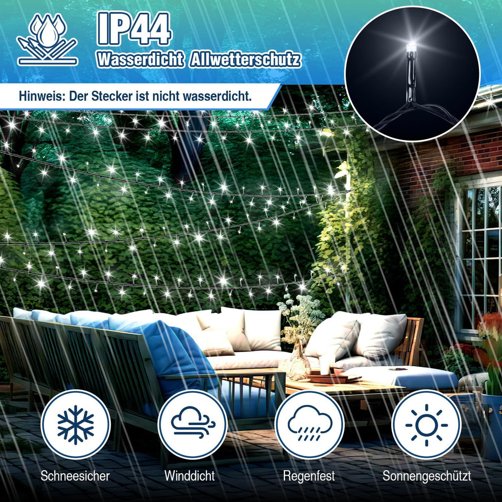Außenbeleuchtung für 50–200 Meter, 500–2000 LED-Lichter, 8 Leuchtmodi, mit Stecker, Schutzart IP44, für den Innen- und Außenbereich geeignet, ideal für Weihnachten, Ostern, Halloween und Hochzeitsfeiern