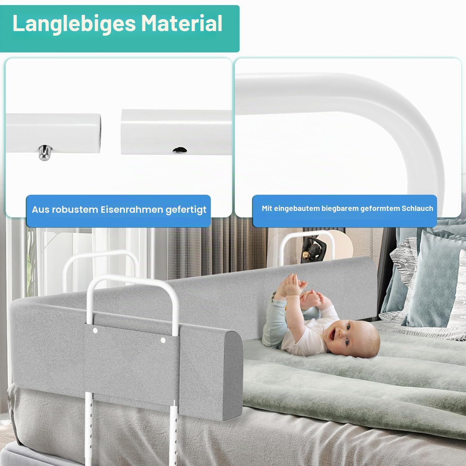 Kinderbettgitter, 150/180/200 cm, Sicherheitsgitter für Babybetten, in 5 Stufen höhenverstellbar, weiches Gitter zum Schutz vor Stürzen, geeignet für Familienbetten und Babybetten, grau