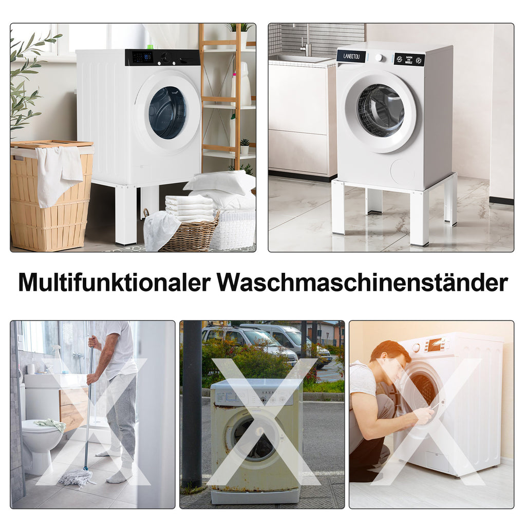Waschmaschinen-Untergestell mit höhenverstellbarer Ablage 60.6x60.6x40 cm, 150 kg belastbar, Ablage 30 kg, 3 Höhen (5/10/15 cm), Anti-Rutsch & Gummifüße, Weiß