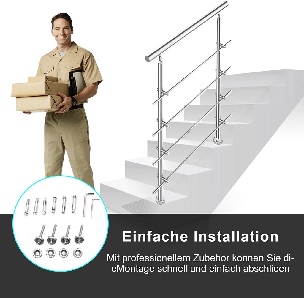 Handlauf Edelstahl 80/100/120/150/160/180 cm, Treppengeländer mit 4 Querstreben | Rostfrei, Wetterfest, Gebürstet, Winkelverstellbar für Innen & Außen und für Treppen, Balkon & Eingang（副本）（副本）