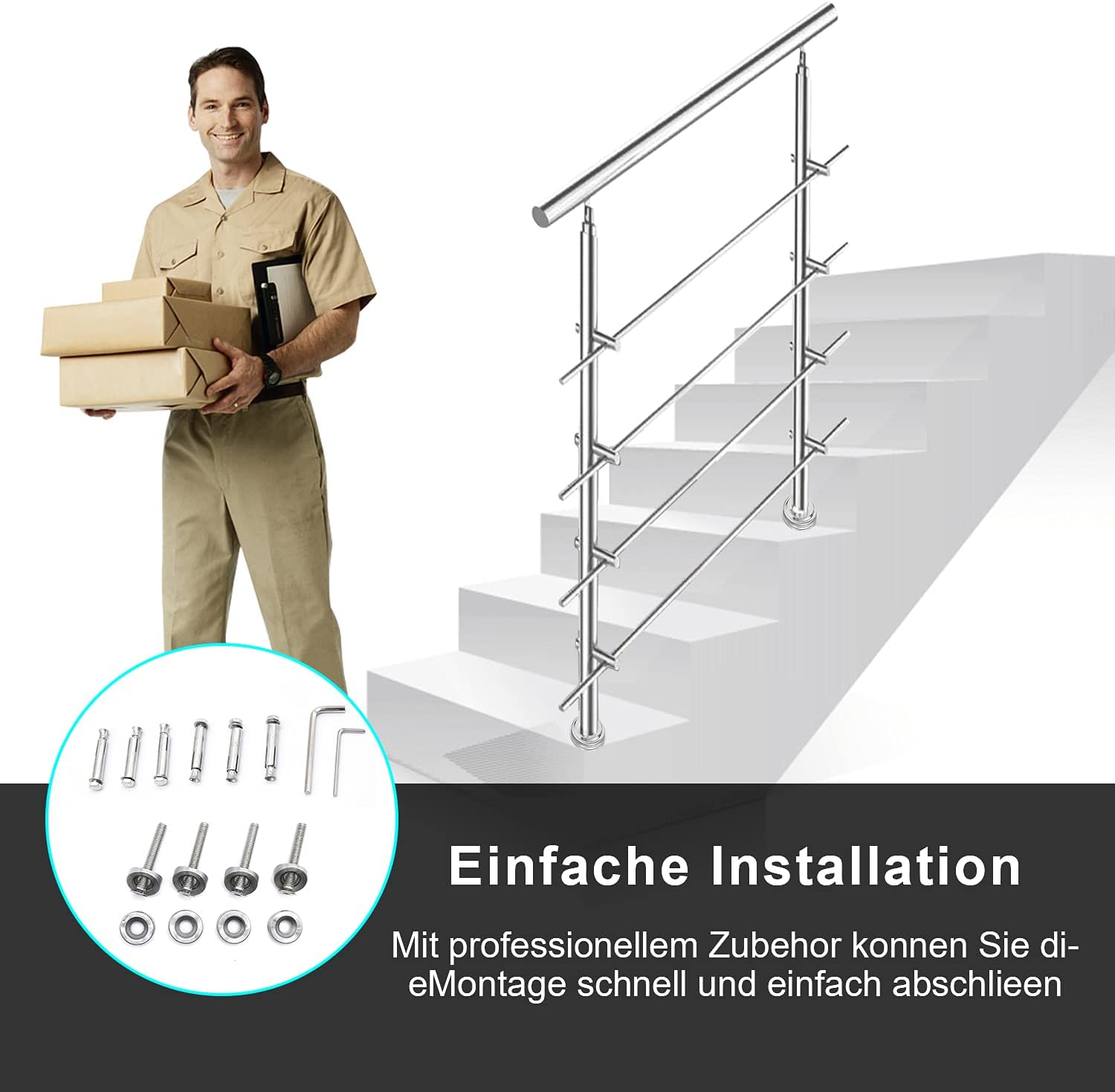 Handlauf Edelstahl 80/100/120/150/160/180 cm, Treppengeländer mit 4 Querstreben | Rostfrei, Wetterfest, Gebürstet, Winkelverstellbar für Innen & Außen und für Treppen, Balkon & Eingang（副本）（副本）