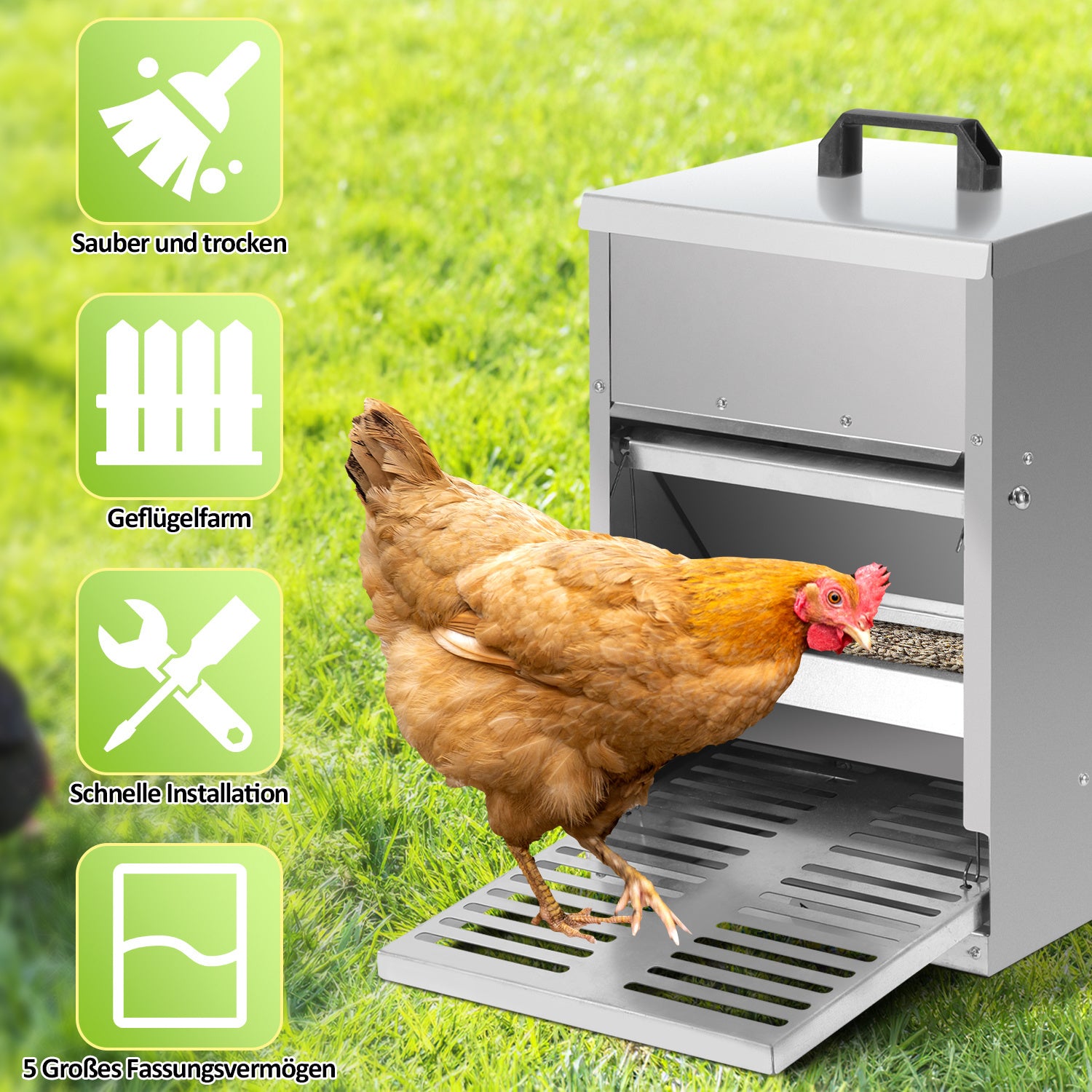5-kg-Futterautomat für Hühner – Automatischer Futterautomat mit Fußschalter und Mäuseschutz, wasserdichter, verzinkter Futterbehälter für Hühner, Enten und Geflügel – Futtertrog mit Deckel, rostfrei und wetterfest