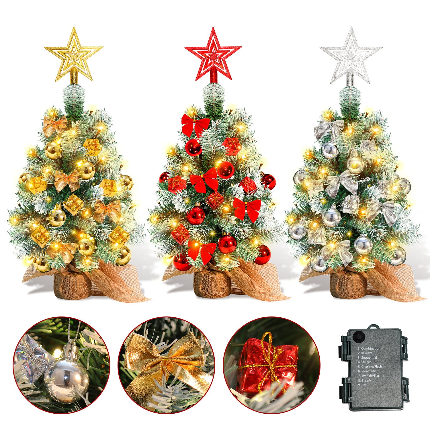 40 cm hoher Mini-Weihnachtsbaum mit LED-Beleuchtung, kleiner künstlicher Tannenbaum, Tannenbaum für den Tisch, mit roten, goldenen und silbernen Christbaumkugeln