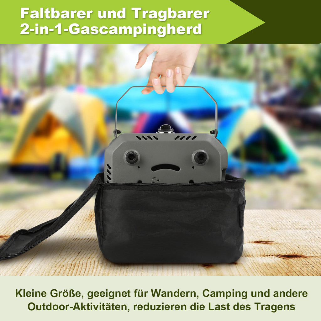 Campingkocher 2 Flammen 4,6 kW mit Grillplatte, Faltbarer Gaskocher mit Zündsicherung, Tragbarer Camping Gaskocher mit 0,5 m Schlauch & Tragetasche, Gasherd für Camping Vanlife Outdoor Küche