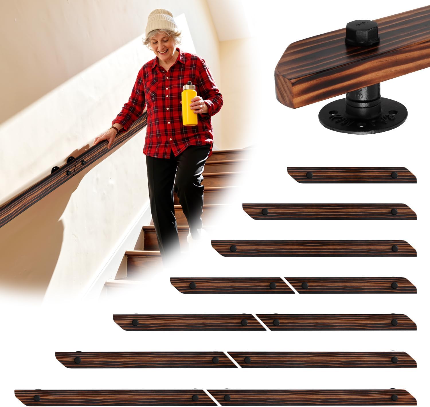 Treppengeländer, Wandgeländer für Treppen, rutschfeste Geländer mit Wandhalterungen und Befestigungszubehör, geeignet für die seitliche Montage an Treppen und Balkonen, flache Ausführung, braun, in sieben Größen erhältlich.