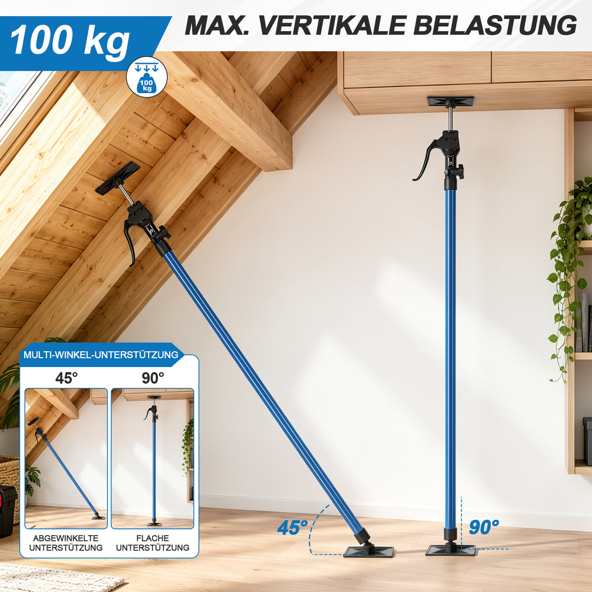 115-290CM Stützstange für Tischlerarbeiten, inklusive Aufbewahrungstasche | Tragkraft 100 kg, 4-stufige Höhenverstellung, Hilfswerkzeug für die Schrankmontage, inklusive Aufbewahrungstasche