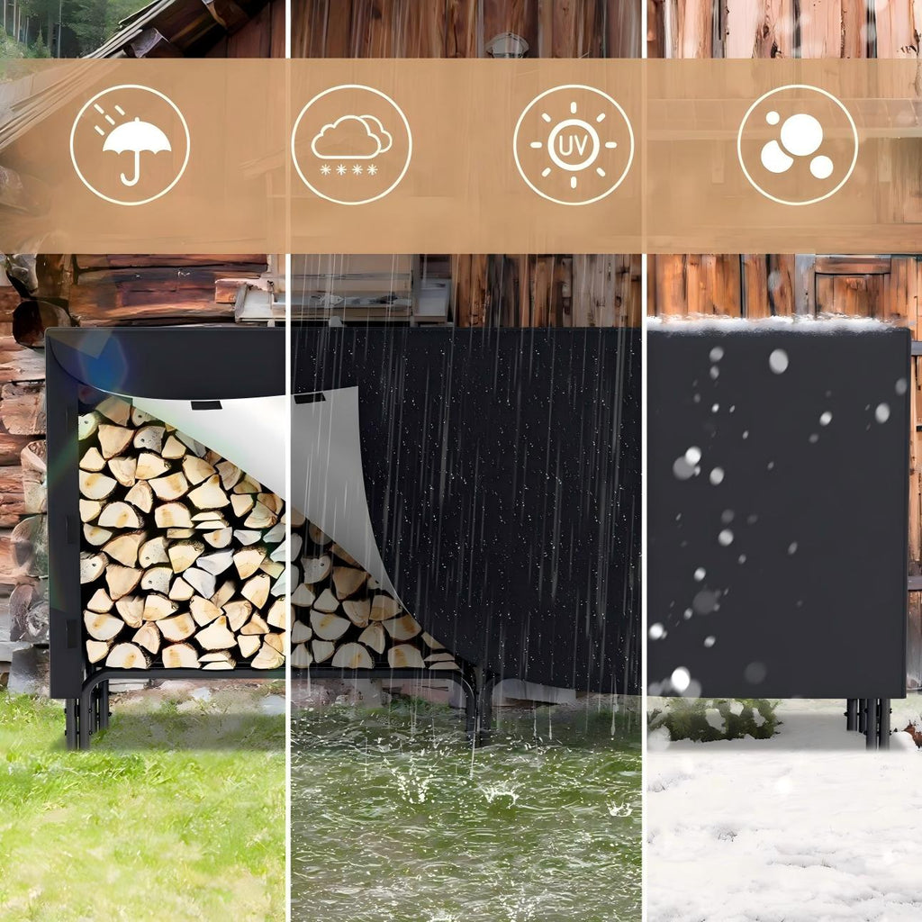 Holzregal mit Schutzhülle – Stahlrahmen – schwarzes Metall-Holzregal – Hilfsmittel zur Lagerung im Innenbereich – Maße: 244 x 34,5 x 124 cm