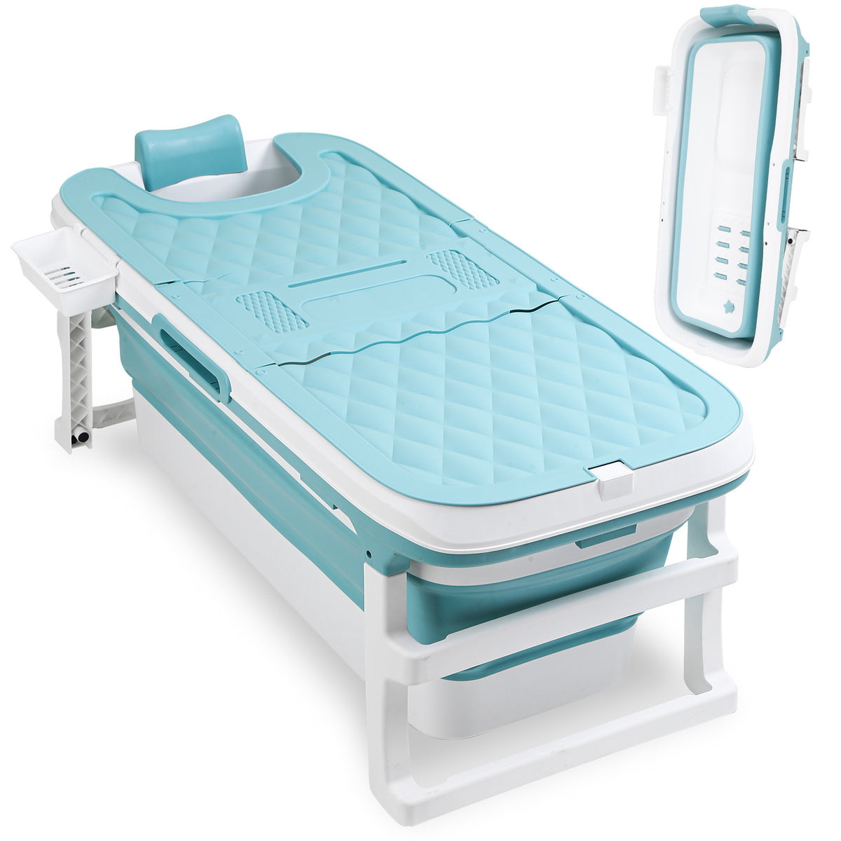 Faltbare Badewanne für Erwachsene, Klappbadewanne mit Abdeckung, Ablagekorb und Doppelablauf, platzsparende mobile Badewanne für Bad Dusche Balkon, Blau