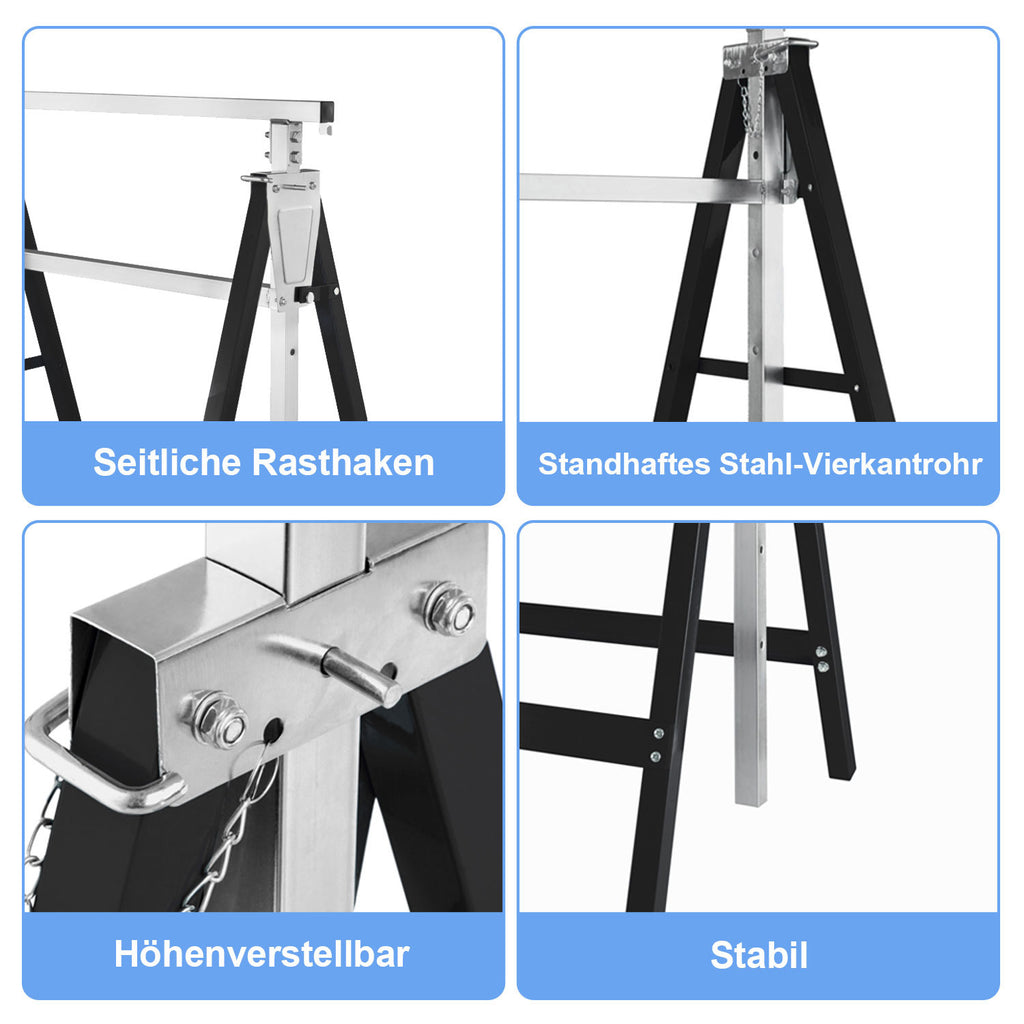 Arbeitsständer, 2er-Set, höhenverstellbar, 7 Stufen (80–130 cm), Gerüstständer, Tragkraft 400 kg pro Paar, klappbare Ständer für Haushalt, Werkstatt und Garten, schwarz