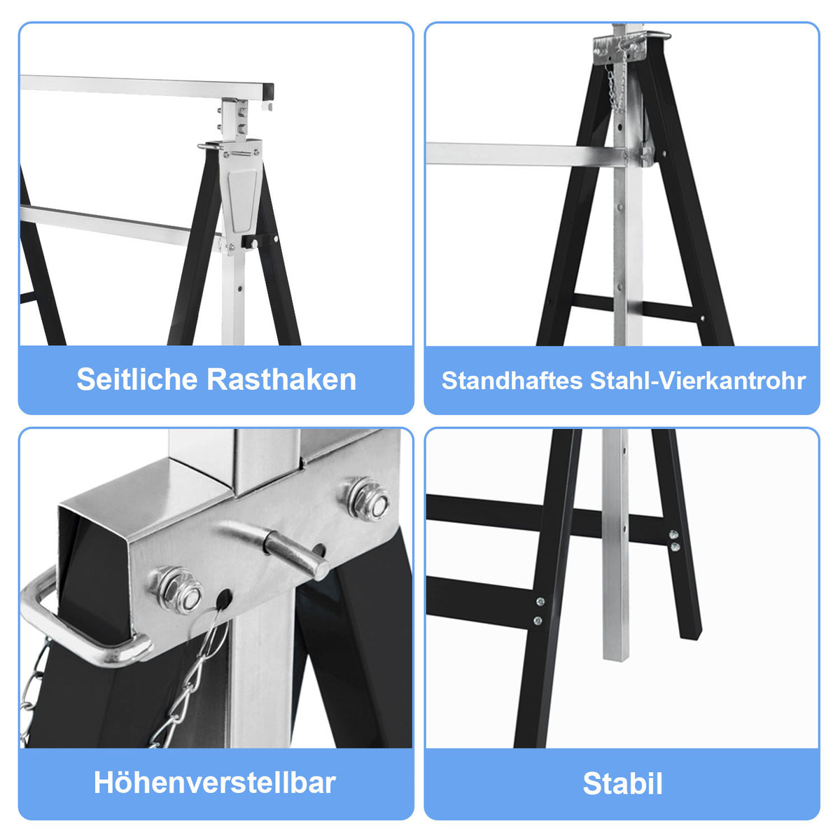 Arbeitsständer, 2er-Set, höhenverstellbar, 7 Stufen (80–130 cm), Gerüstständer, Tragkraft 400 kg pro Paar, klappbare Ständer für Haushalt, Werkstatt und Garten, schwarz