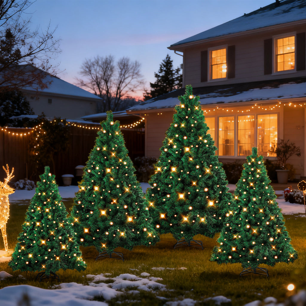 Künstlicher Weihnachtsbaum, 120–210 cm, mit Metallfuß und Lichterkette, 8 verschiedene Beleuchtungsmodi, hochwertiger künstlicher Weihnachtsbaum, für den Innen- und Außenbereich geeignet