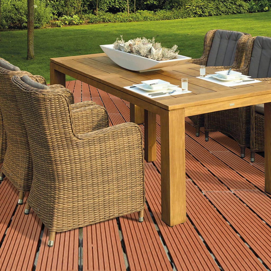 WPC-Fliesen, 30 x 60 cm, Terrassenfliesen, Klickfliesen, Balkonfliesen mit Holzoptik, witterungsbeständige Platten mit Entwässerungsfunktion, geeignet für Terrassen, Balkone und Gärten, braun/rotbraun/dunkelgrau/teakfarben (6 Stück = 1 Quadratmeter)