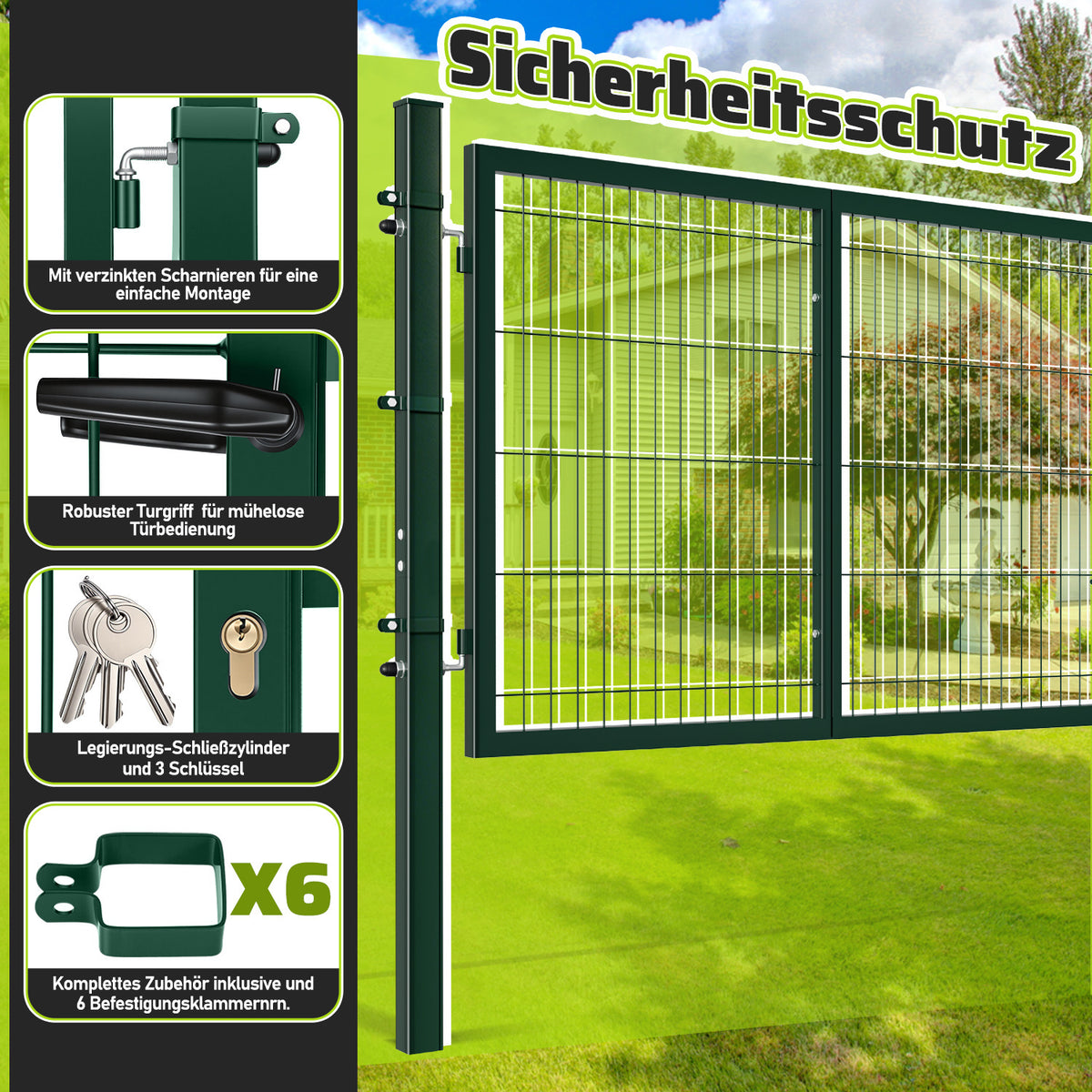 Doppelflügeltore, 300x100cm/350x100cm Metall Gartentor, Gartenzaun Zaun inkl. Griff, Schloss und 3 Schlüsseln, Robust Gartentür für Zauntür, Hoftor, Zauntor, Quadratrohr, Grün/Anthrazit