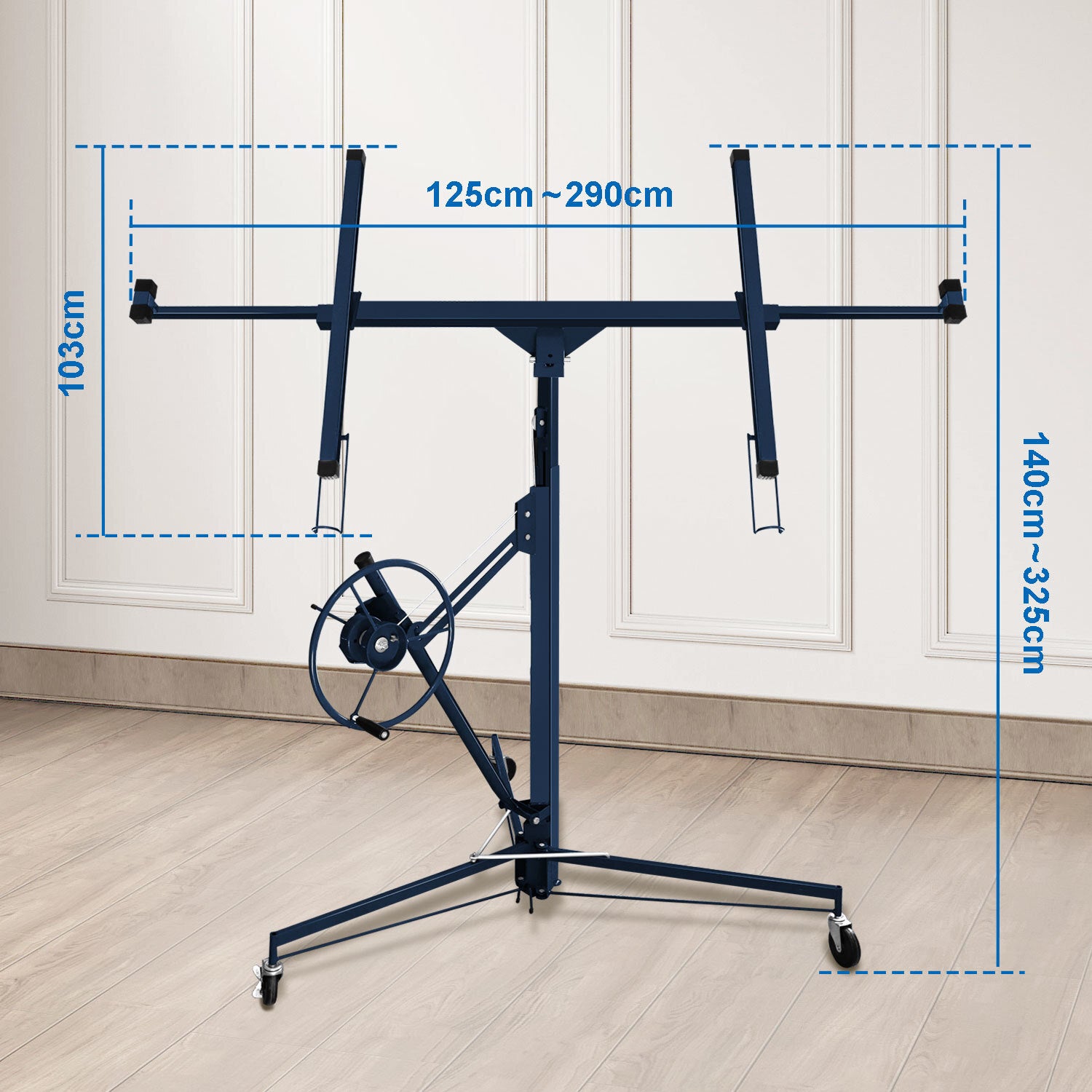 Gipskarton-Hebebühne, zusammenklappbar, XXL-Ausführung, 140 cm – 350 cm, einstellbare Arbeitshöhe, Tragkraft 68 kg, maximale Ausladung für Gipskartonplatten 290 cm