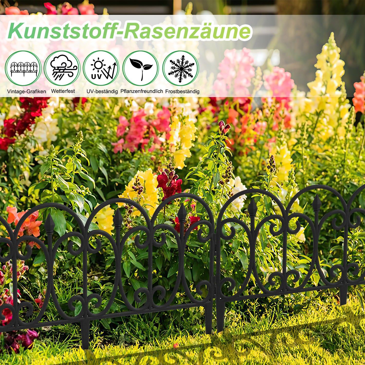Blumenbeetumrandung aus Kunststoff, einsteckbare Blumenbeetränder, dekorative Umrandung, 33 cm hoch, mit Erdspießen, Set für Gartenblumenbeete, Retro-Stil, schwarz, in zwei Ausführungen erhältlich: 5-teiliges Set und 10-teiliges Set