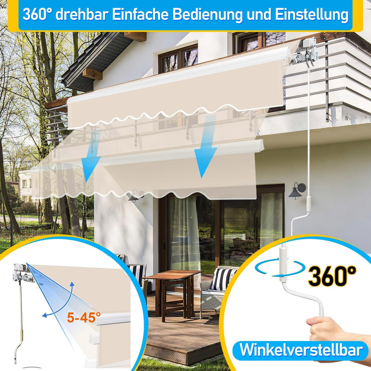 Manuelle Klappmarkise, 350 x 300 cm, mit Kurbel, UV-beständig und wasserdicht, aus Aluminium/Polyester, geeignet für Balkon, Terrasse und Garten, in vier Ausführungen erhältlich