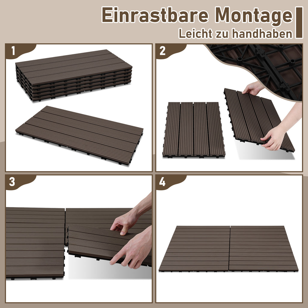 WPC-Fliesen, 30 x 60 cm, Terrassenfliesen, Klickfliesen, Balkonfliesen mit Holzoptik, witterungsbeständige Platten mit Entwässerungsfunktion, geeignet für Terrassen, Balkone und Gärten, braun/rotbraun/dunkelgrau/teakfarben (6 Stück = 1 Quadratmeter)