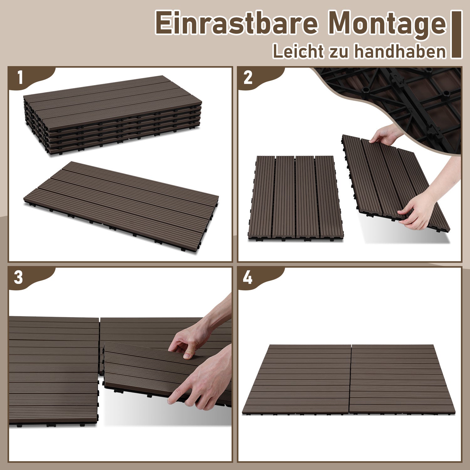 WPC-Fliesen, 30 x 60 cm, Terrassenfliesen, Klickfliesen, Balkonfliesen mit Holzoptik, witterungsbeständige Platten mit Entwässerungsfunktion, geeignet für Terrassen, Balkone und Gärten, braun/rotbraun/dunkelgrau/teakfarben (6 Stück = 1 Quadratmeter)
