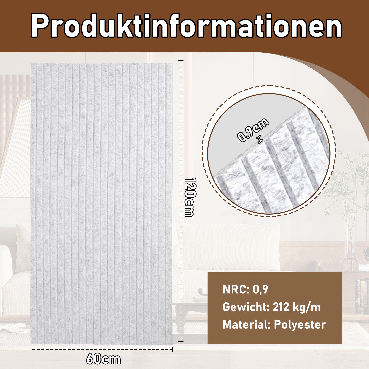 120 x 60 cm, selbstklebende Schallabsorptionsplatten, geeignet als Wanddämmplatten für den Homeoffice-Bereich, das Wohnzimmer und das Büro, aus 100 % Polyesterfaser, keine Bohrungen erforderlich, hellgrau, 4–16 Stück pro Packung