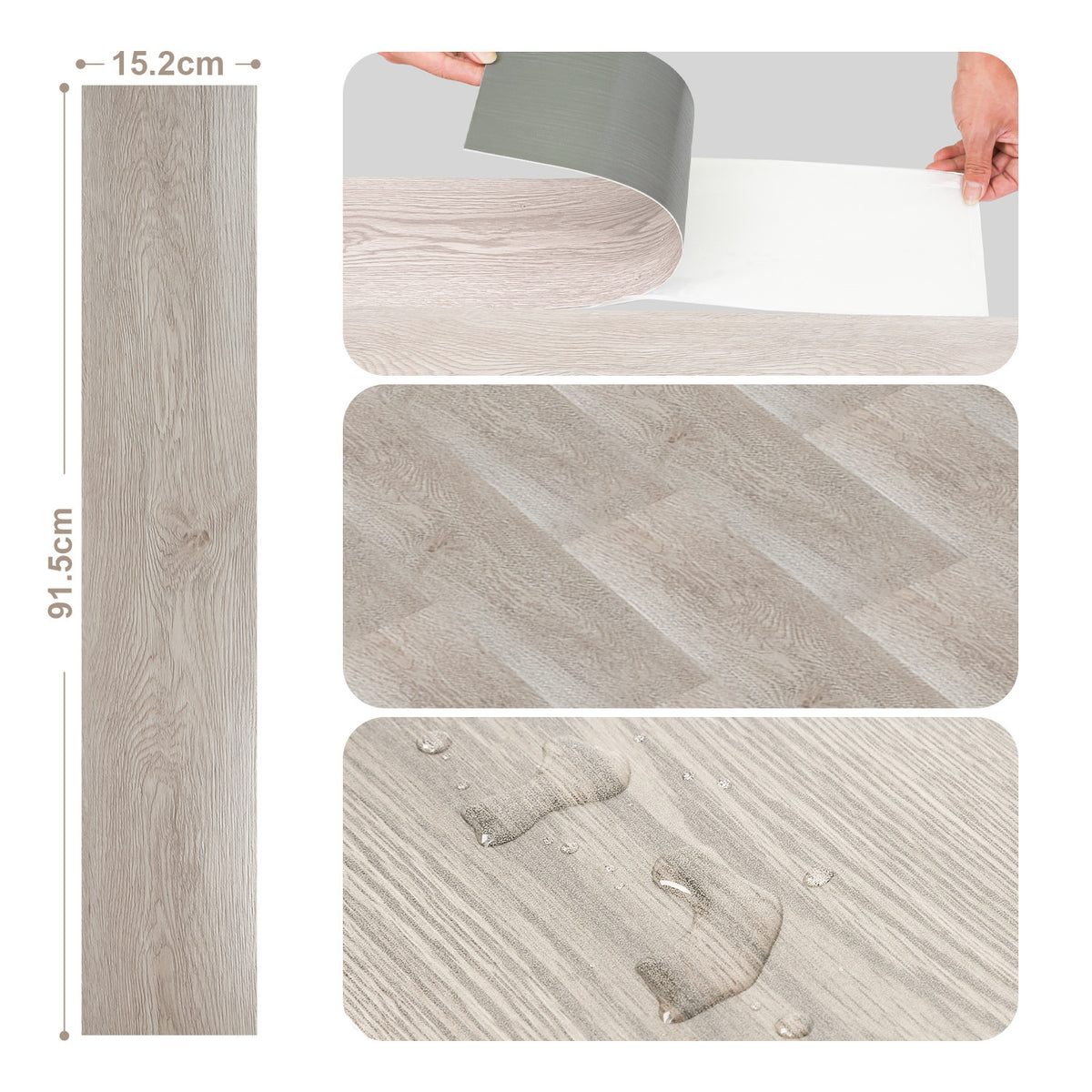 PVC-Bodenbelag, selbstklebend, Vinylboden, wasserdicht, rutschfest, Vinyl-Verbundboden, rutschfest, für Fußbodenheizung geeignete Dekor-Bodenfliesen, 91,5 cm × 15,2 cm × 1,5 mm, 0,98 m²/7 Stück, in drei Farben erhältlich