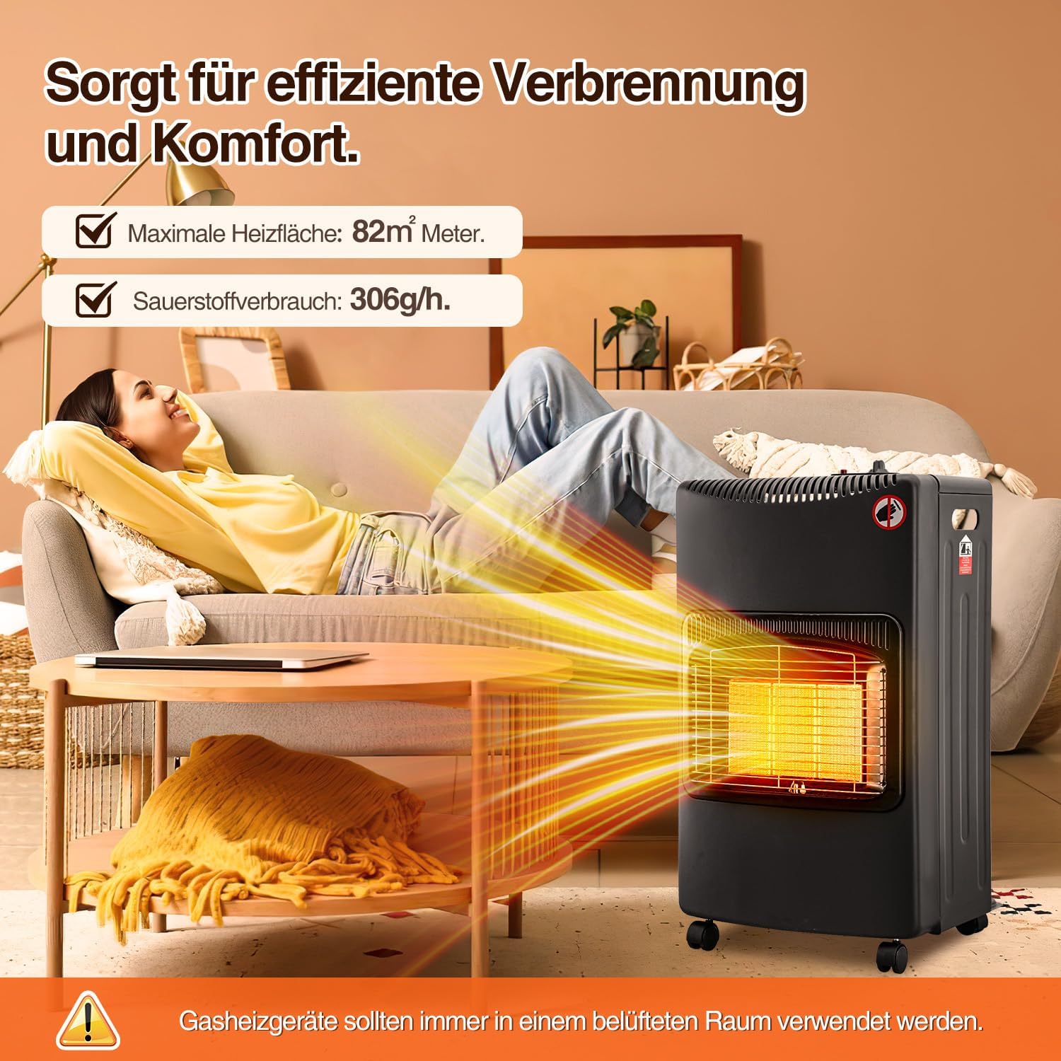 Gasheizung für Innenräume 4200W, Gasofen, Tülle, 2 EU-Adapter Gasheizer mit Schlauchtülle, Druckregler, 2 EU-Adaptern und 4 Rollen für Balkon, überdachte Terrasse und belüftete Räume