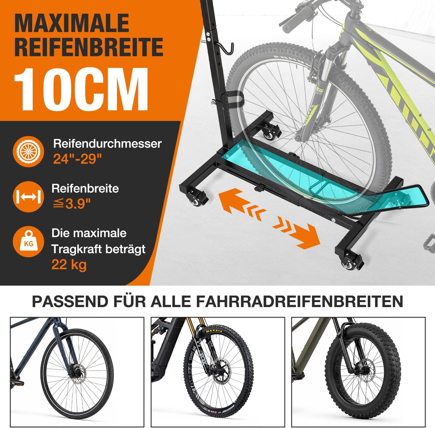 3-in-1-Fahrradständer, 6-stufige Höhenverstellung, vertikaler Fahrradständer mit Feststellrädern, keine Bohrungen erforderlich, schwarz