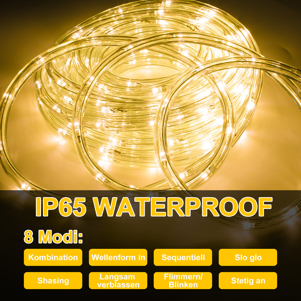 10/20/30/40/50 Meter warmweiße LED-Lichterketten, 8 Modi mit Speicherfunktion, LED-Röhren für den Außenbereich, wasserdichtes Design, geeignet für Gärten, Weihnachtsfeiern und Hochzeiten